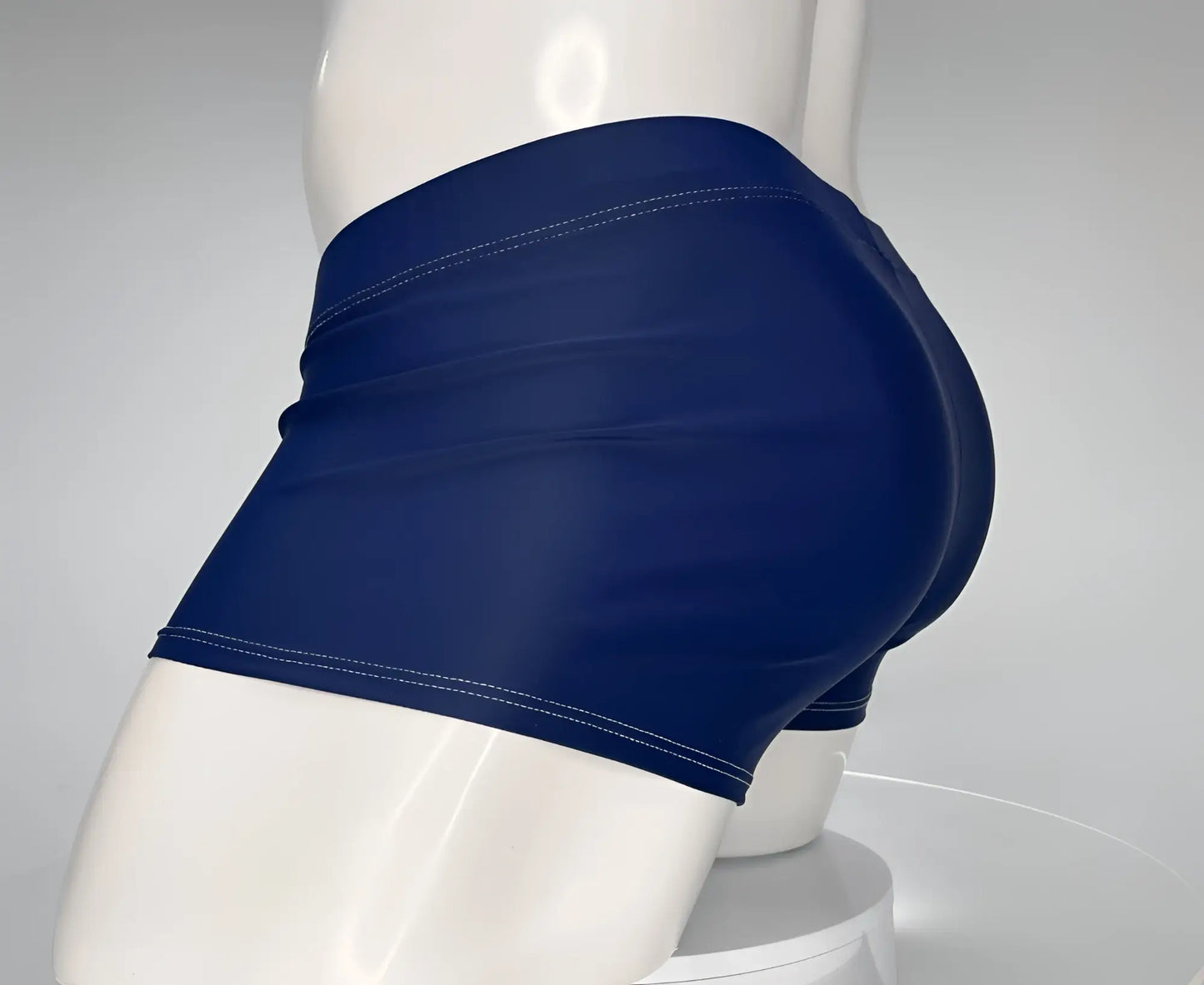 Wildmant monster cock navy blue high waisted swim shorts with white stitching and square cut design