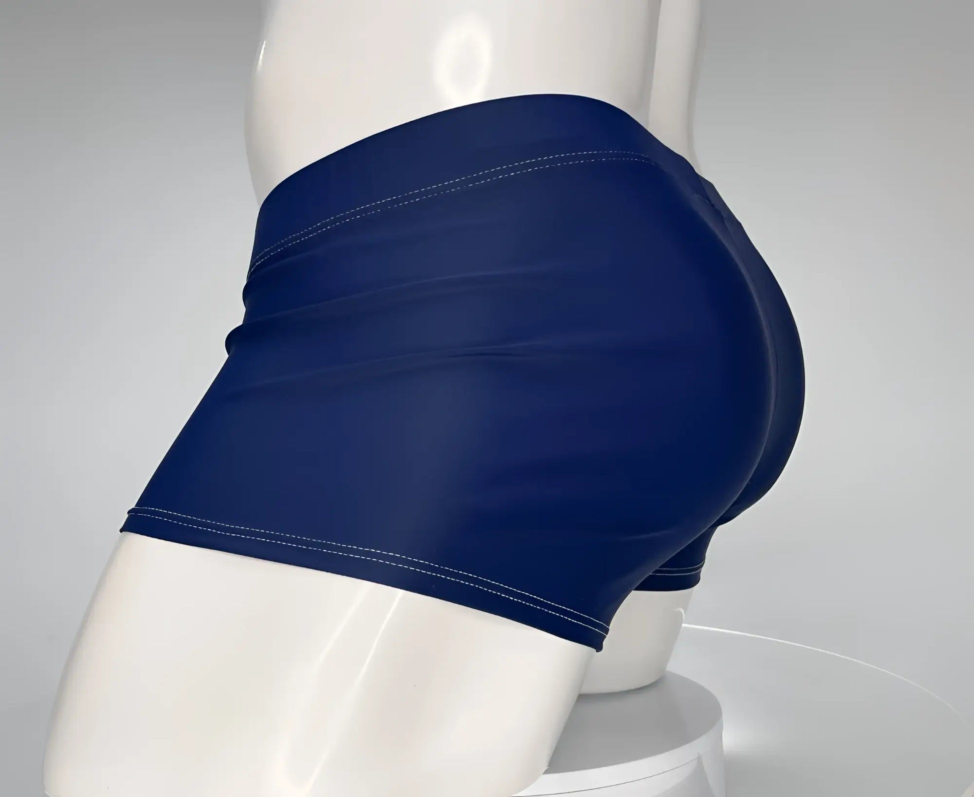 Wildmant monster cock navy blue high waisted swim shorts with white stitching and square cut design