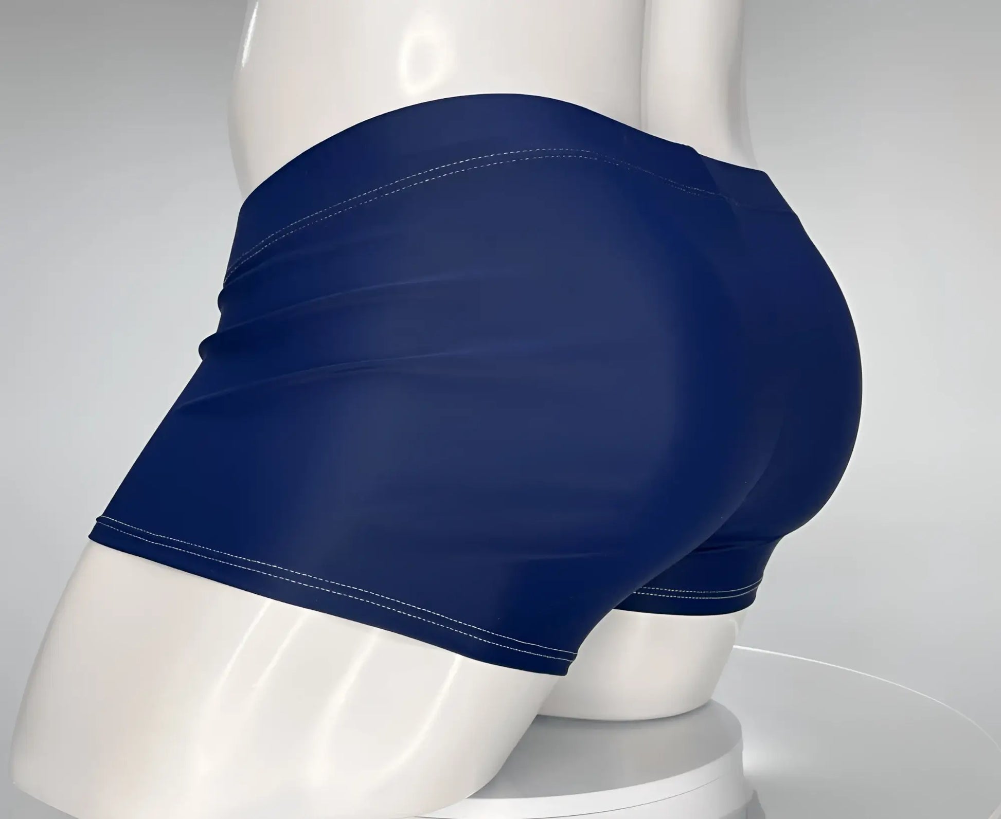 WildmanT monster cock swim square cut navy blue shorts with white stitching along hem and waistband