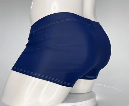 WildmanT monster cock swim square cut navy blue shorts with white stitching along hem and waistband