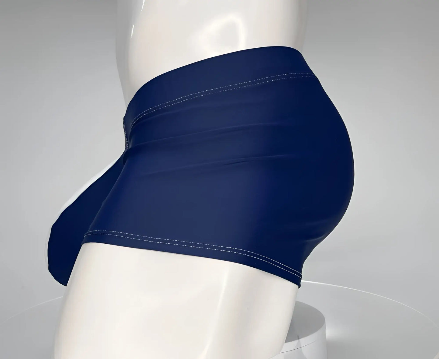 Wildmant monster cock swim square cut navy stretch fabric briefs with white stitching on waistband and leg openings