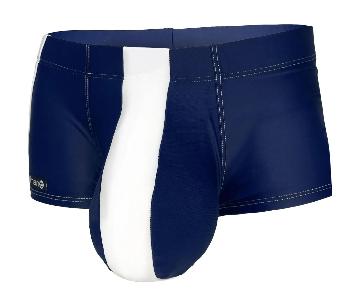WildmanT monster cock swim square cut navy swim trunks with white vertical stripe and brand logo on waistband