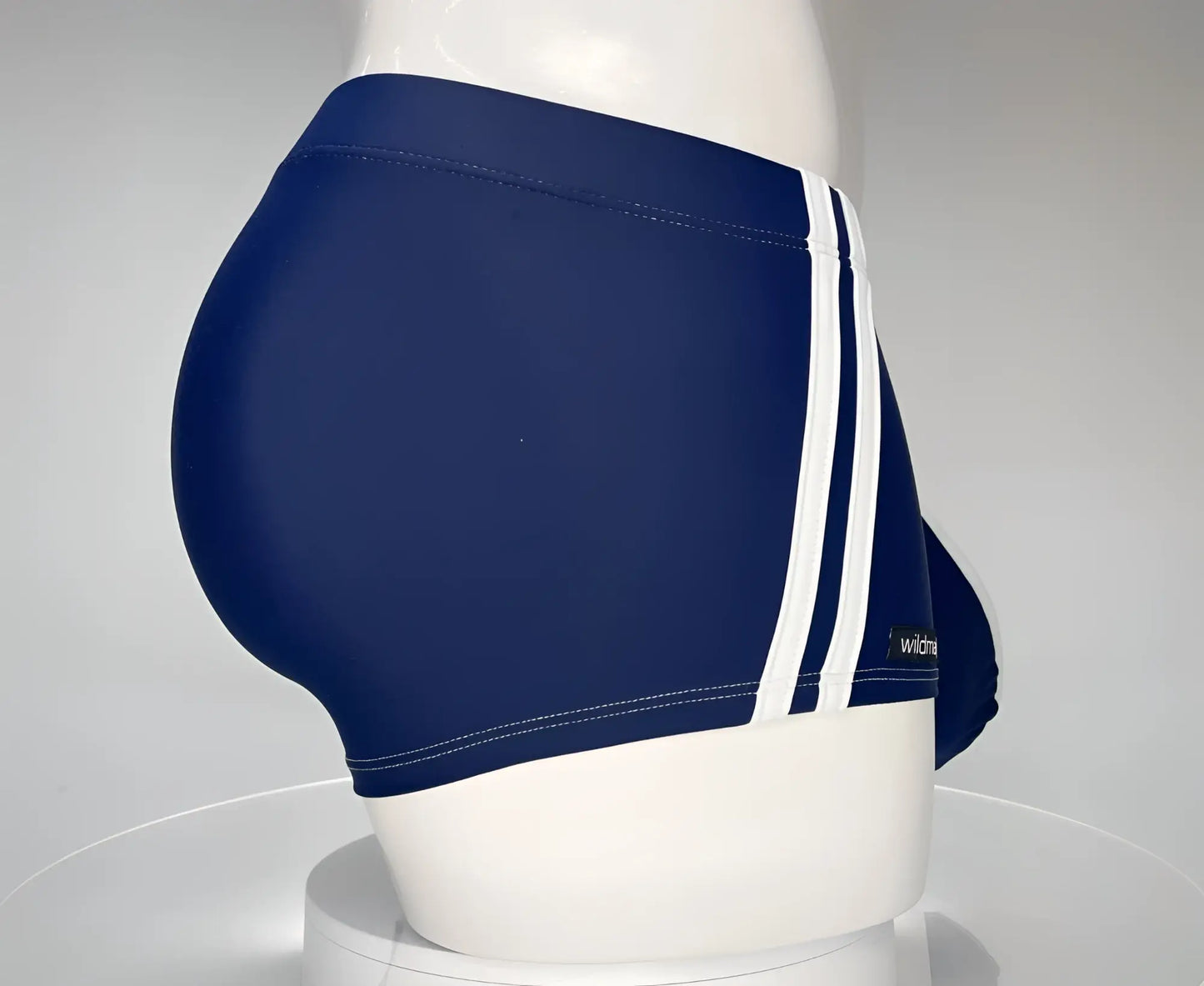 Wildmant monster cock swim square cut navy swim trunks with white stripes snug fit and stitched detailing