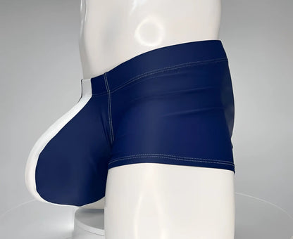 WildmanT monster cock swim square cut navy swim trunks with a white side panel and contrasting stitching