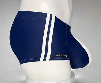 WildmanT monster cock swim square cut navy swim trunks with white side stripes and wildman brand label