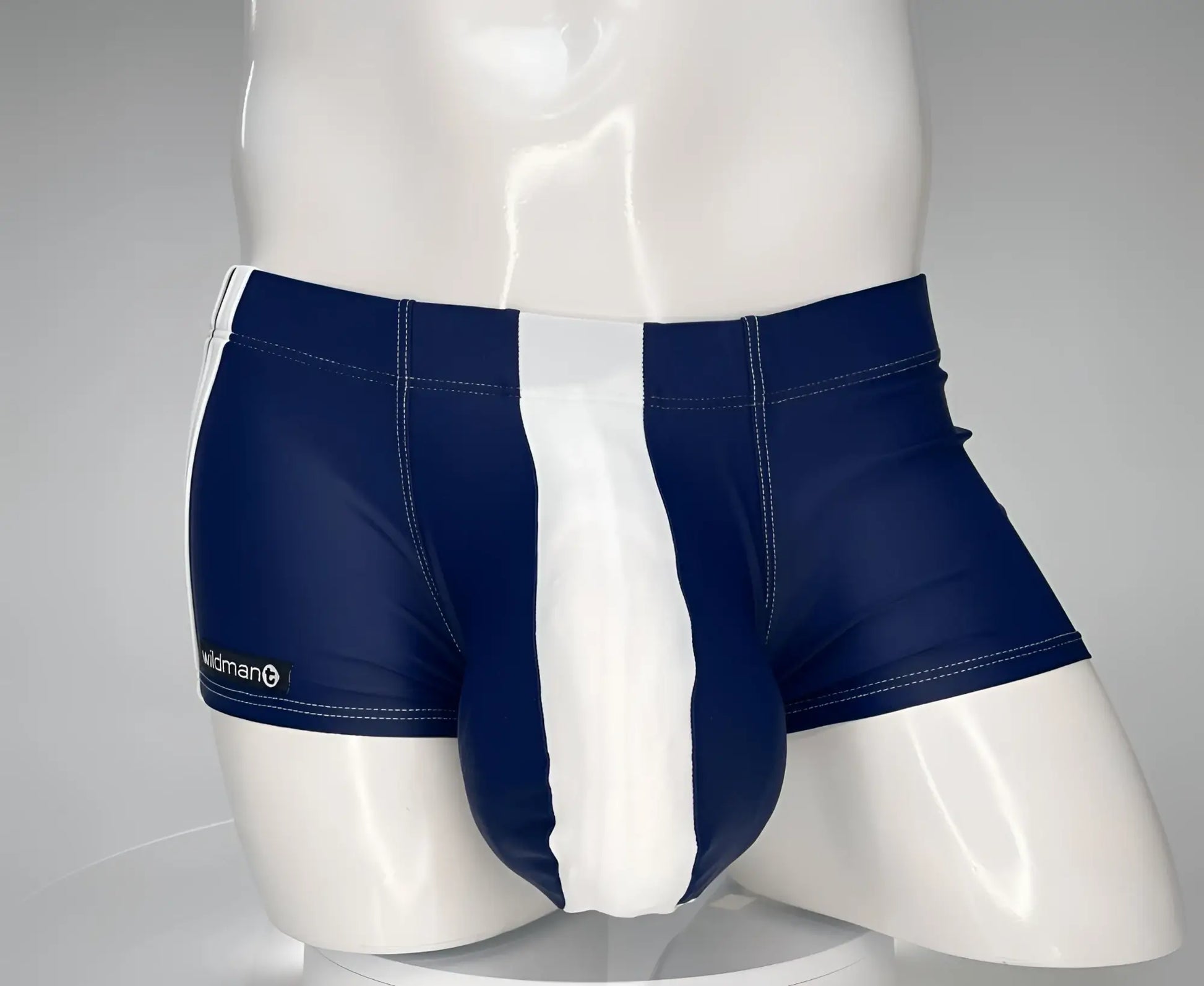 Wildmant monster cock navy white swim square cut swim trunks with navy blue and white stripes and sleek fit