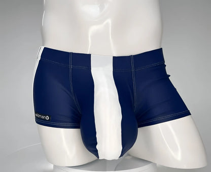 Wildmant monster cock navy white swim square cut swim trunks with navy blue and white stripes and sleek fit