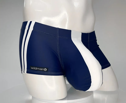 WildmanT monster cock swim square cut navy white swim trunks with navy blue and white stripes and wildman label on side