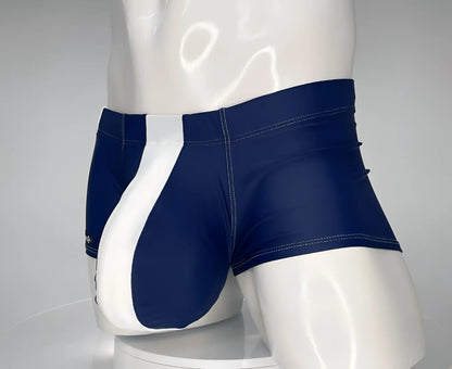Navy blue and white wildmant monster cock swim square cut swim trunks with sleek form-fitting design