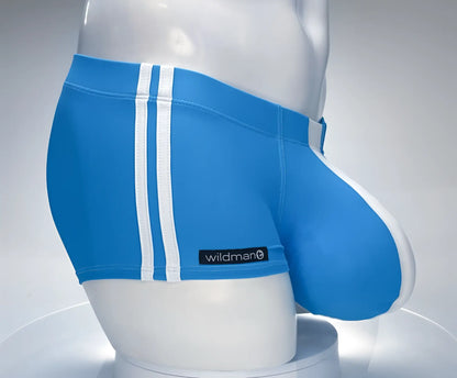 Blue wildman athletic briefs with white side stripes and monster cock swim square cut design in teal and white