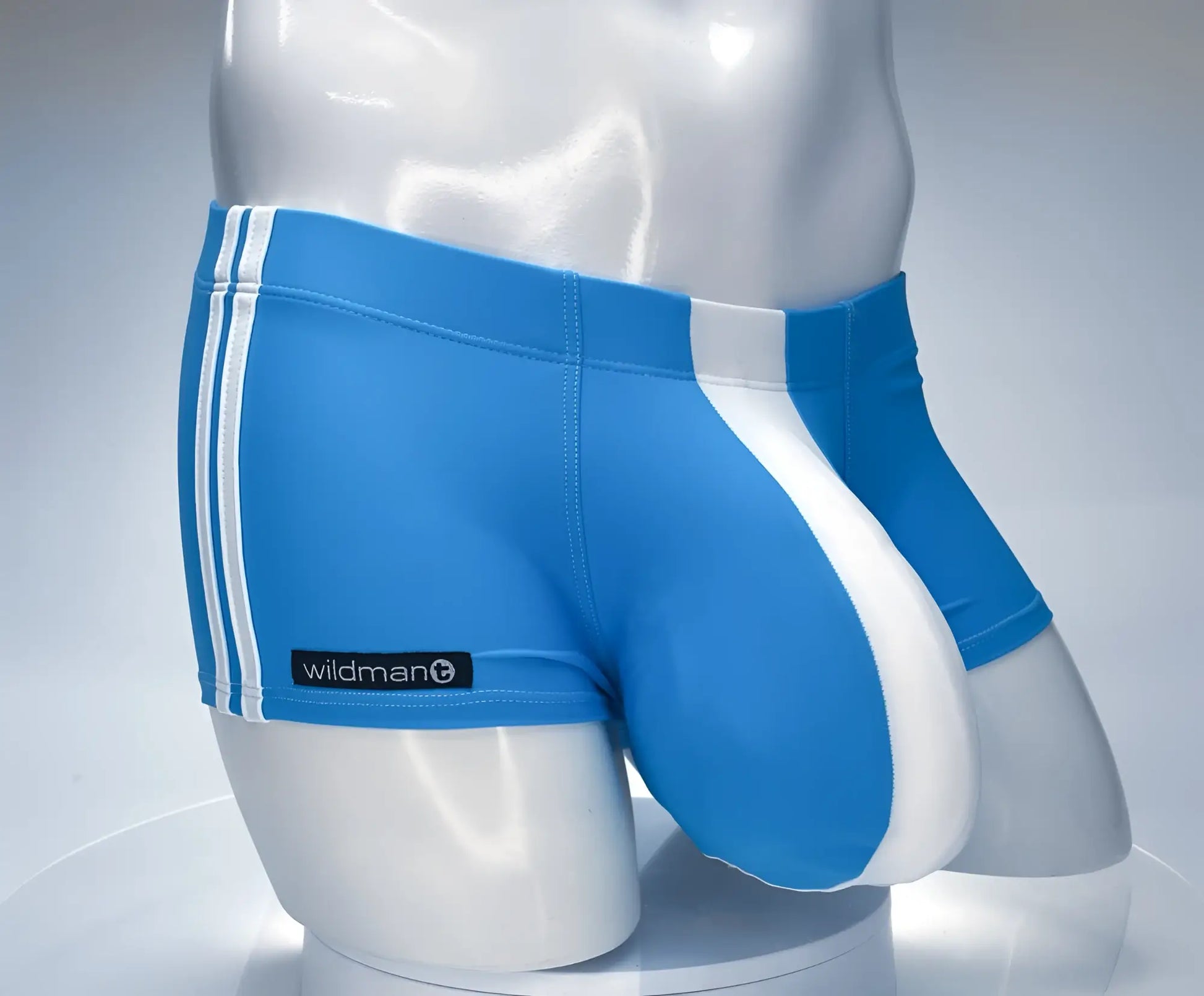 Blue and white wildmant monster cock swim square cut trunks with vertical stripes and branded patch in athletic style