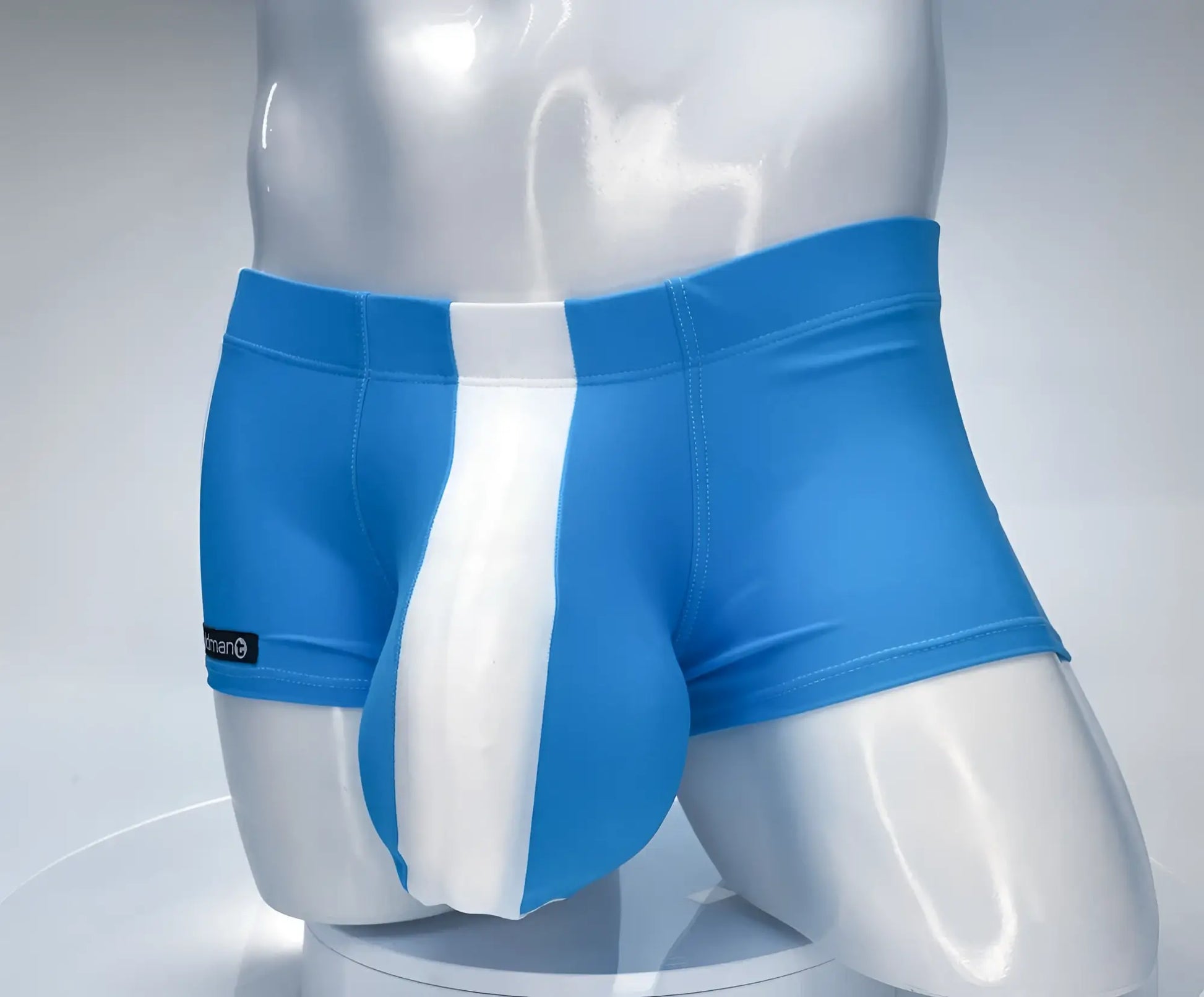 Teal and white square-cut swim trunks on a mannequin, featuring a vertical white center panel and a side brand tag.