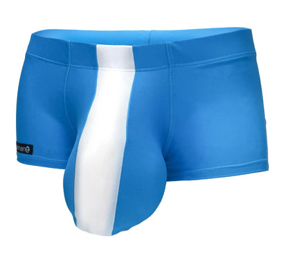 Bright blue wildmant monster cock swim square cut trunks with bold white vertical stripe and elastic waistband