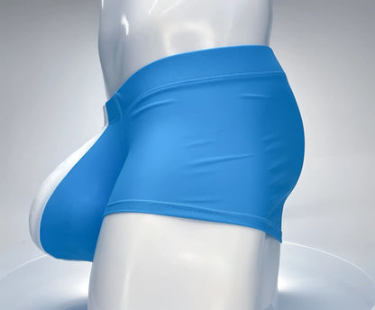WildmanT Monster Cock swim square cut teal white trunks with bright blue stretch fabric and contoured design