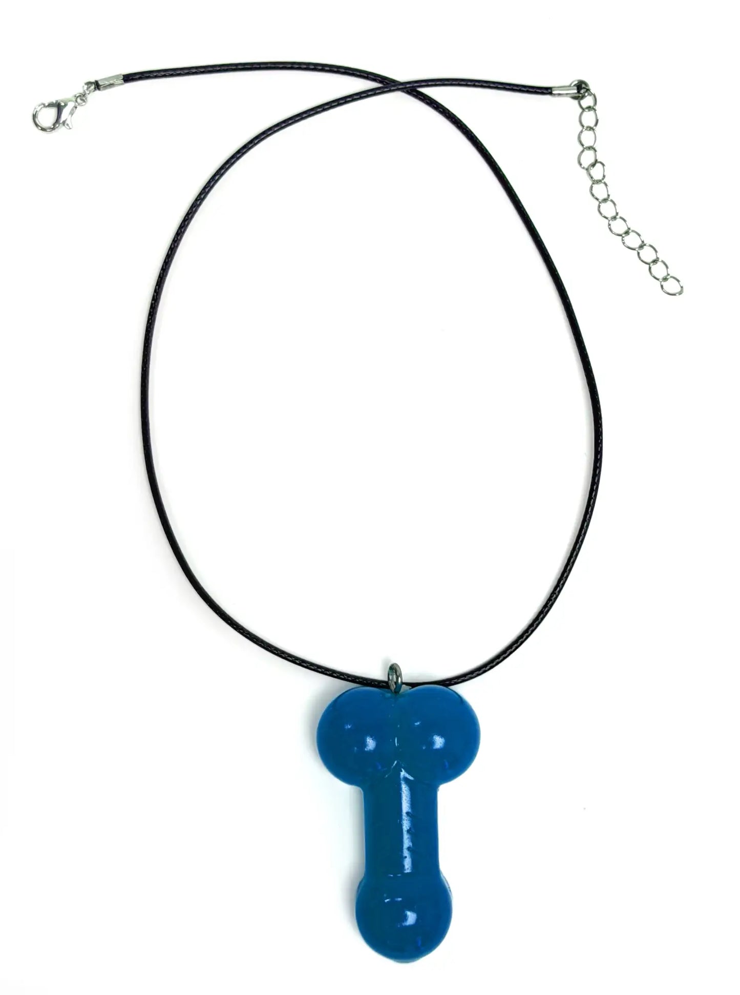 WildmanT blue phallic-shaped pendant necklace on a black cord, front view isolated on a white background.