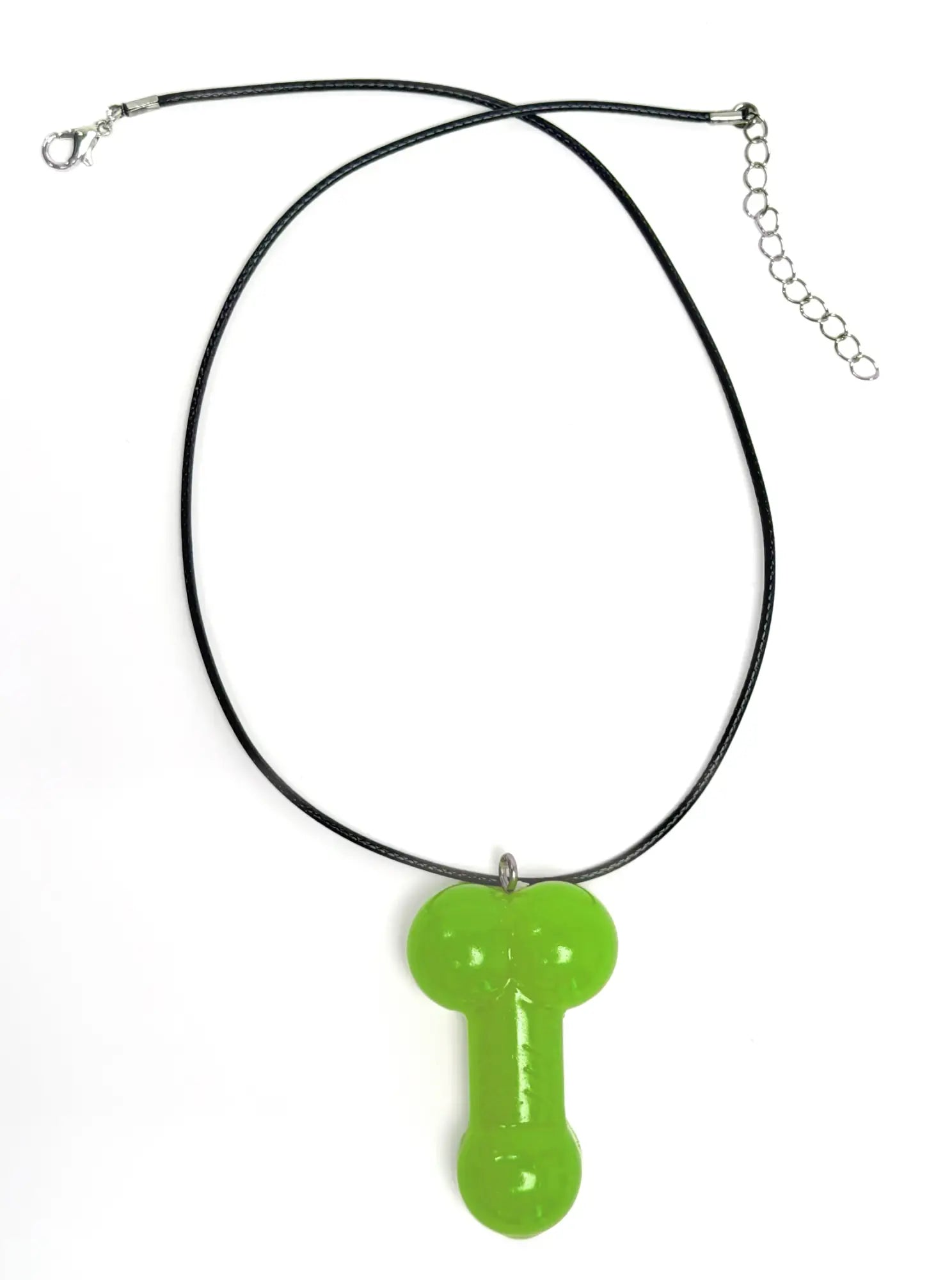 WildmanT penis necklace featuring a bright green phallic pendant on a black cord, shown from a front-facing view.