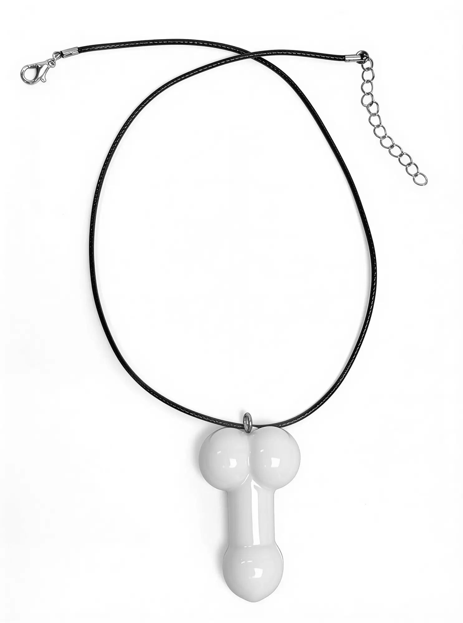 WildmanT white penis-shaped pendant on a black cord necklace, front view isolated on white background.