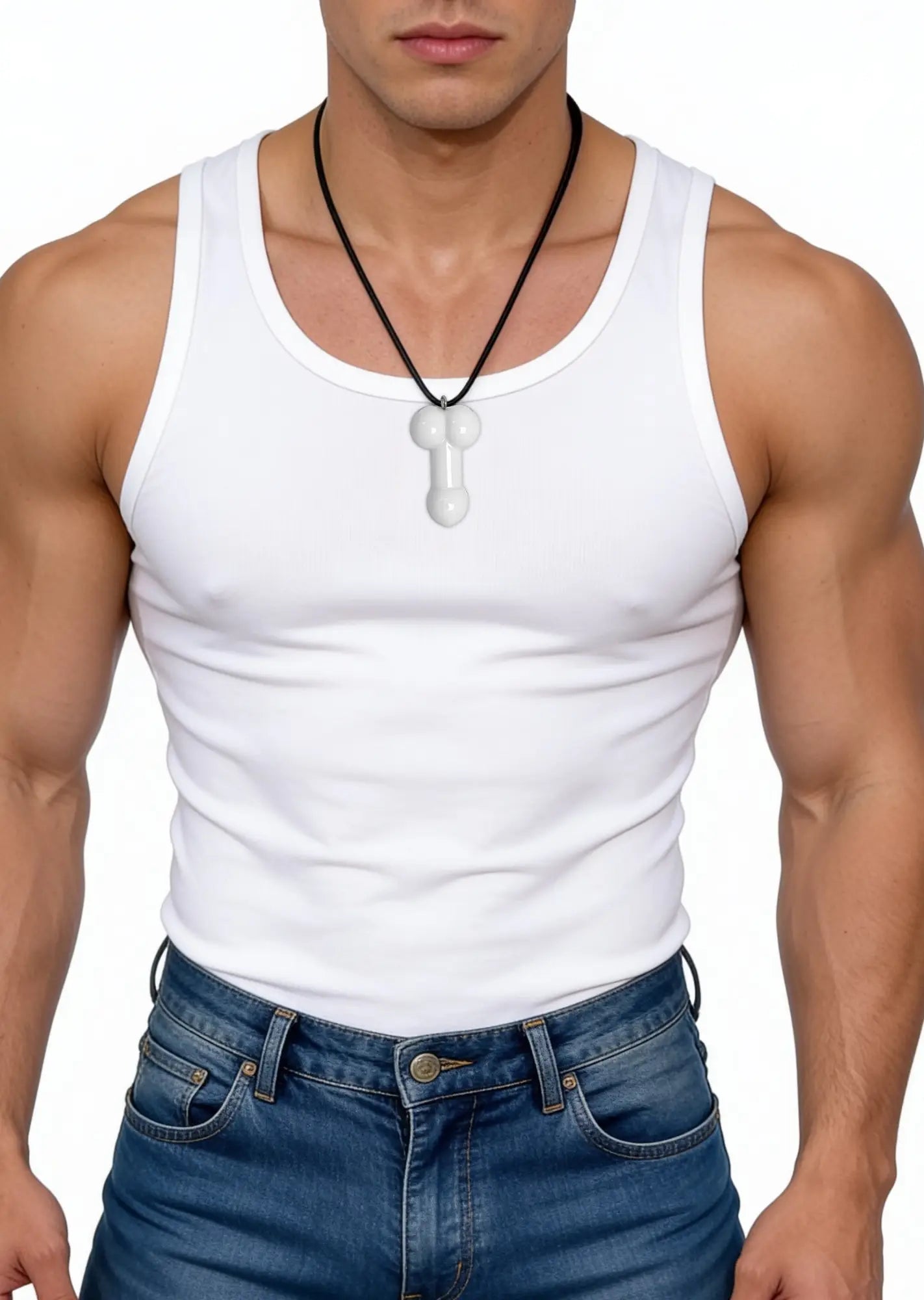 White WildmanT penis pendant necklace on black cord, worn by a man in a white tank top, front view.
