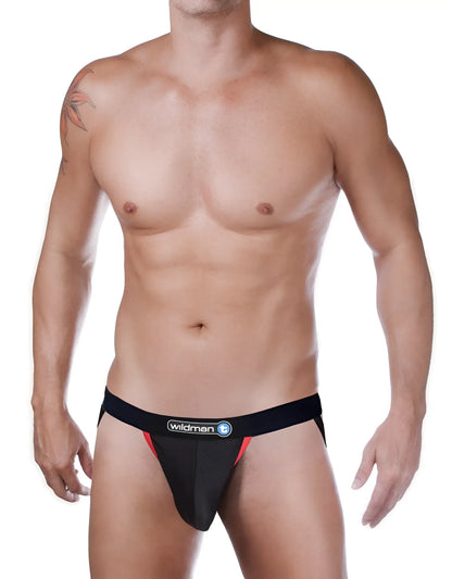 Black and red WildmanT Raw Mesh jockstrap contrast red with branded waistband athletic briefs front view
