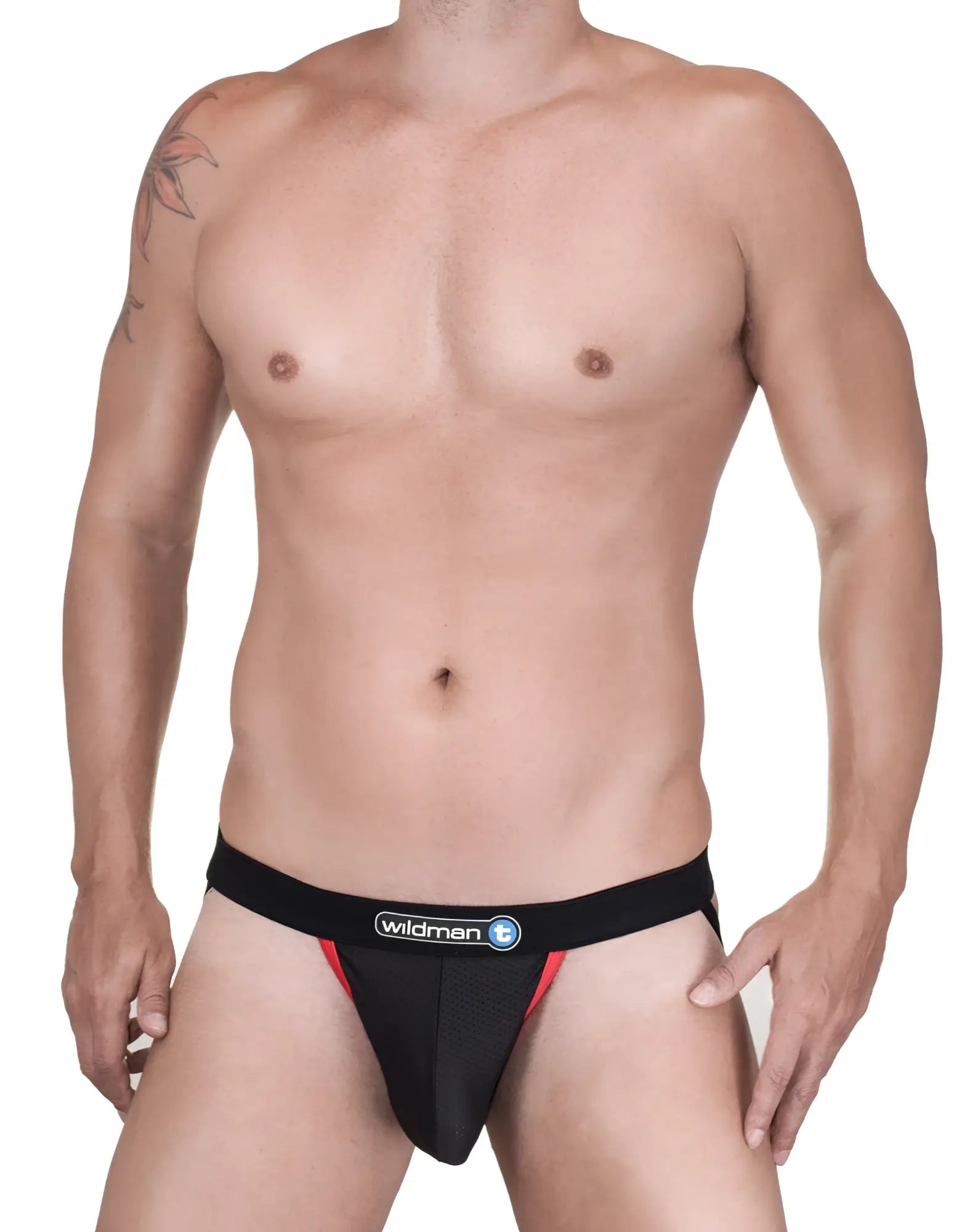 Wildman brand black and red briefs with raw mesh texture and contrast red accents for breathable support