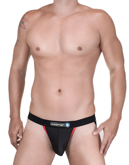 Wildman brand black and red briefs with raw mesh texture and contrast red accents for breathable support