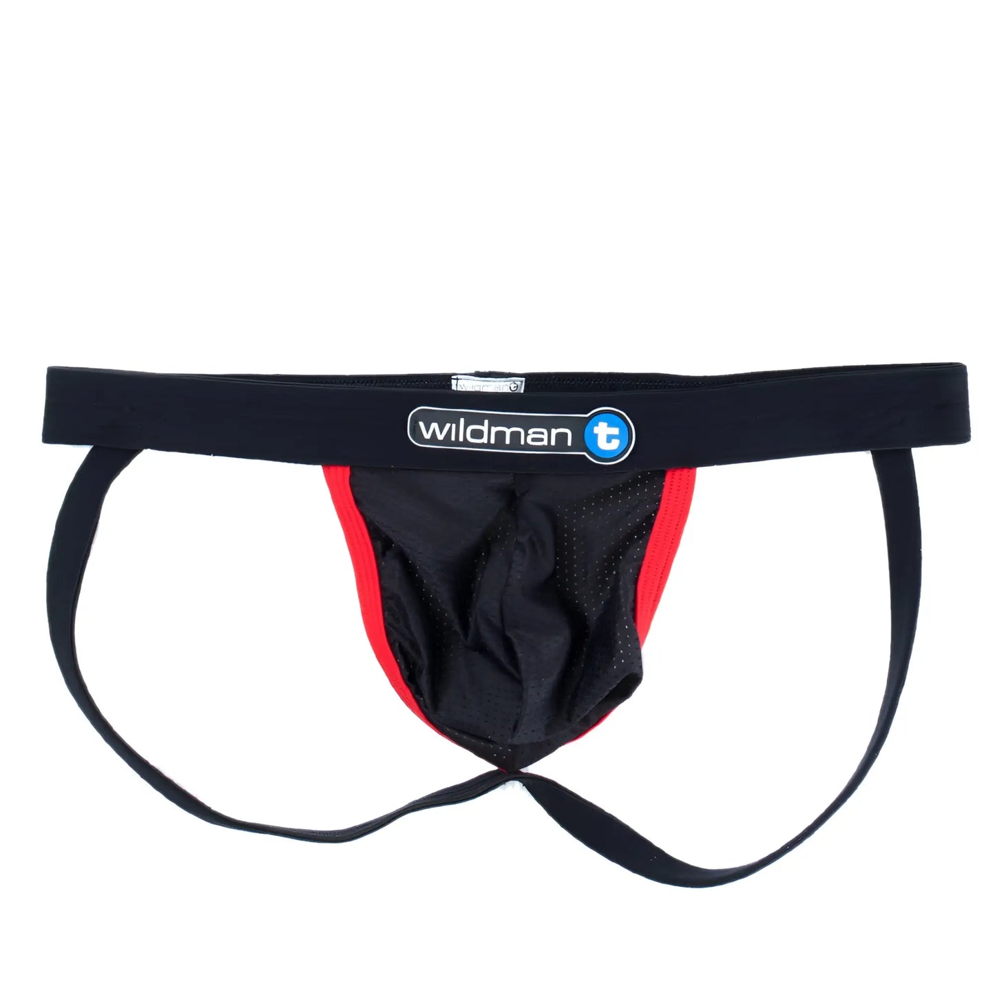 Black and red wildmant raw mesh jockstrap with breathable mesh paneling for athletic support and comfort