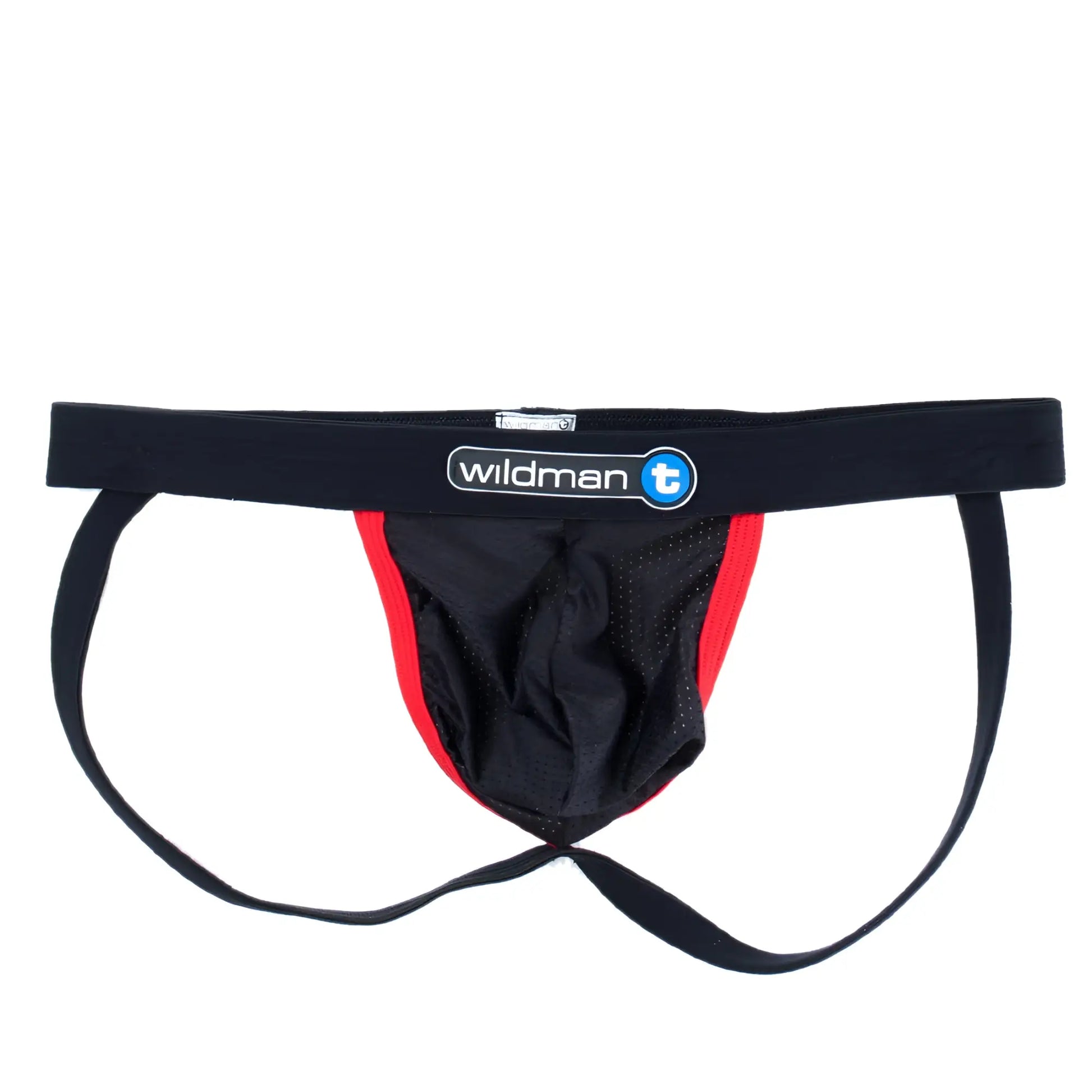 Black mesh jockstrap with red contrast trim and a branded black waistband featuring the WildmanT logo.