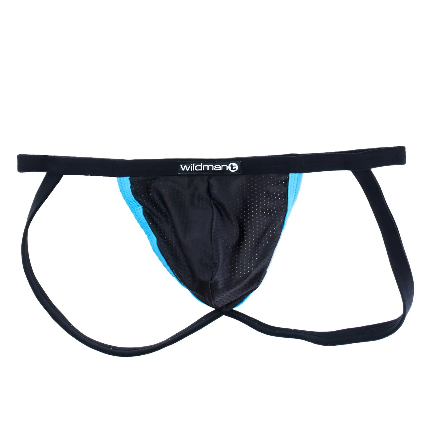 Black and blue mesh athletic brief with black elastic waistband featuring wildman logo for active wear