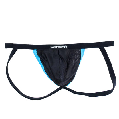 Black and blue mesh athletic brief with black elastic waistband featuring wildman logo for active wear
