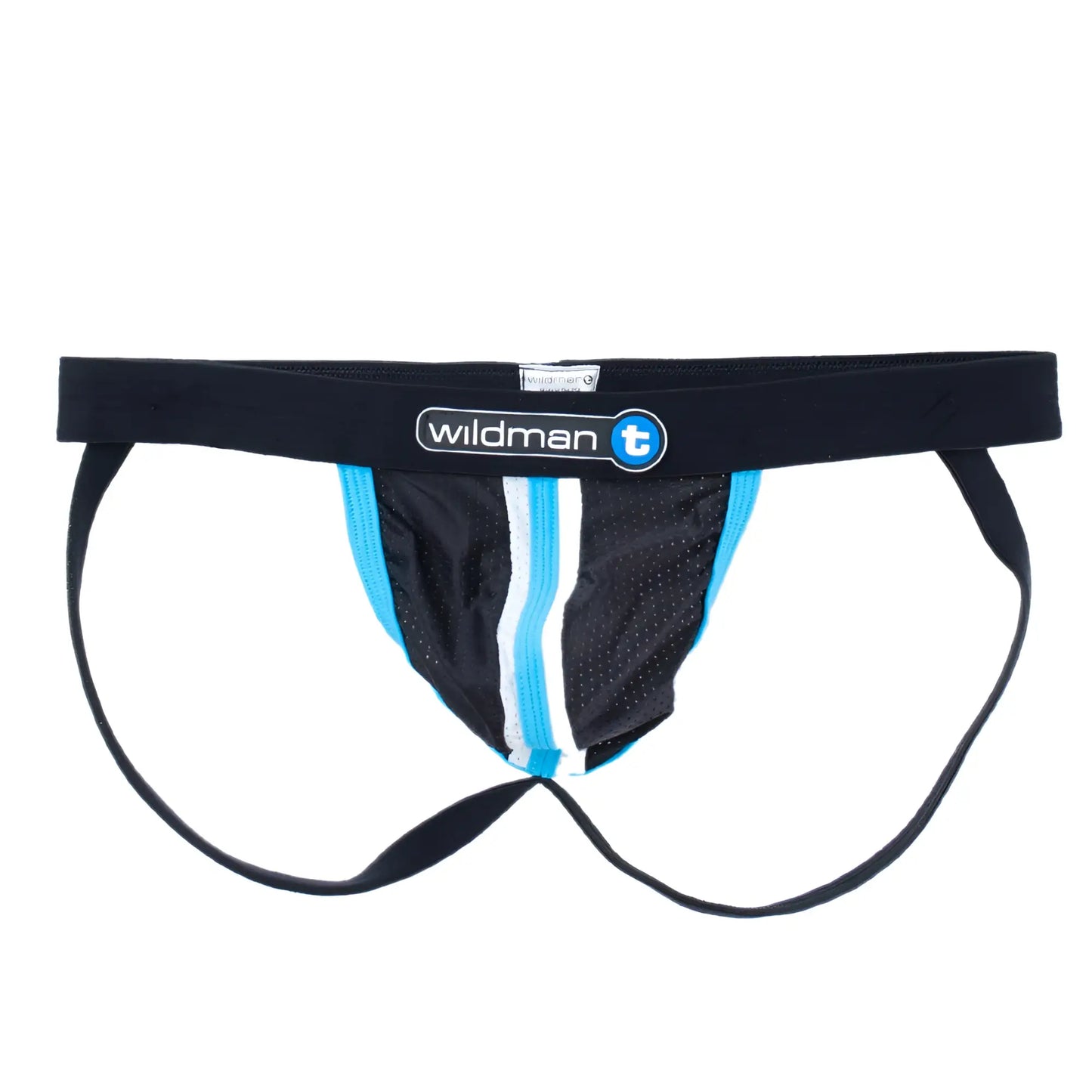 Wildmant raw sport stripe jockstrap in black and light blue with mesh design and duraband waistband featuring wildman t logo