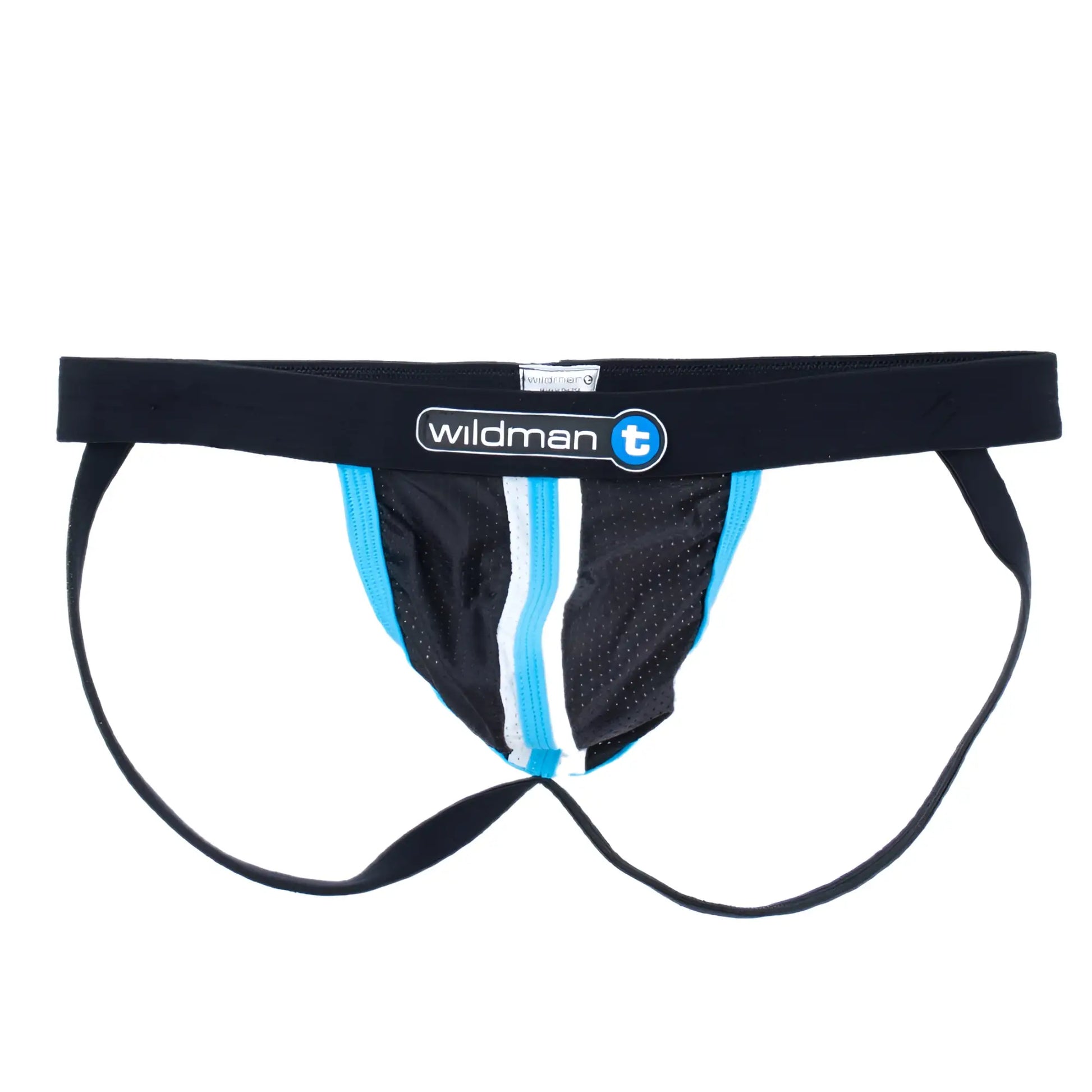 Wildmant raw sport stripe jockstrap in black and light blue with mesh design and duraband waistband featuring wildman t logo