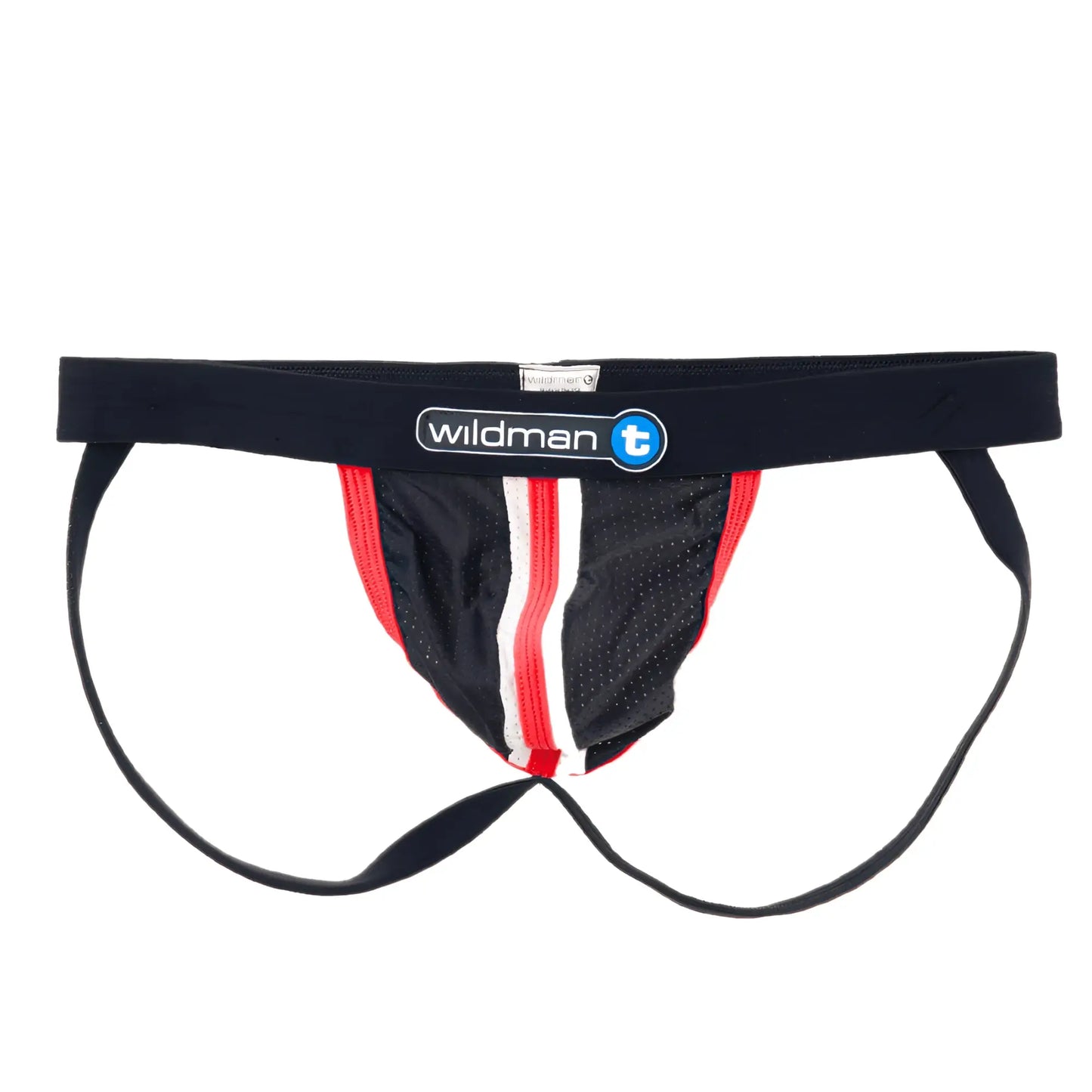 Black mesh jockstrap with red trim, a central white stripe, and a black Duraband waistband with WildmanT branding.