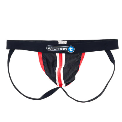 Black mesh jockstrap with red trim, a central white stripe, and a black Duraband waistband with WildmanT branding.