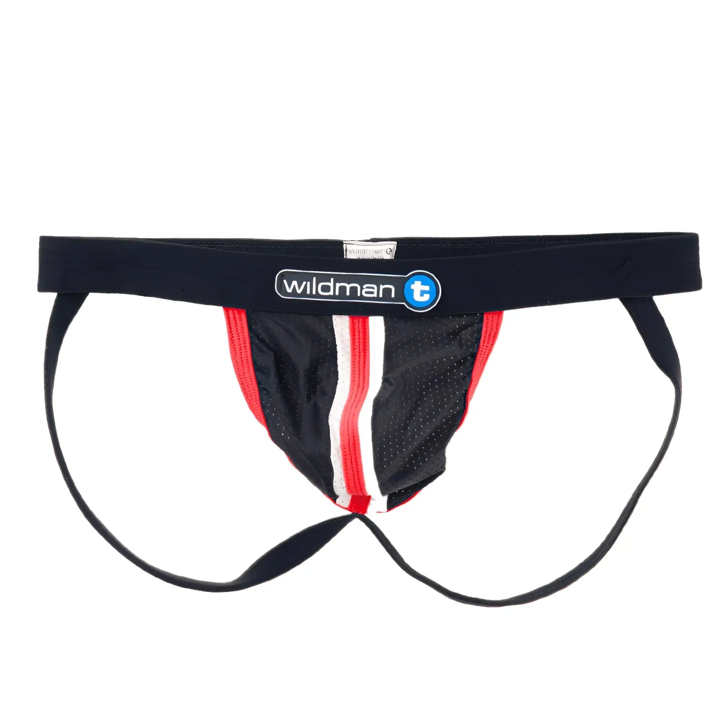 Black athletic brief with red and white striped side panels featuring wildman t logo on waistband durable for sports