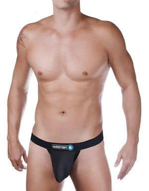 Black WildmanT strapless mesh jockstrap with a black waistband featuring a white and blue logo patch.