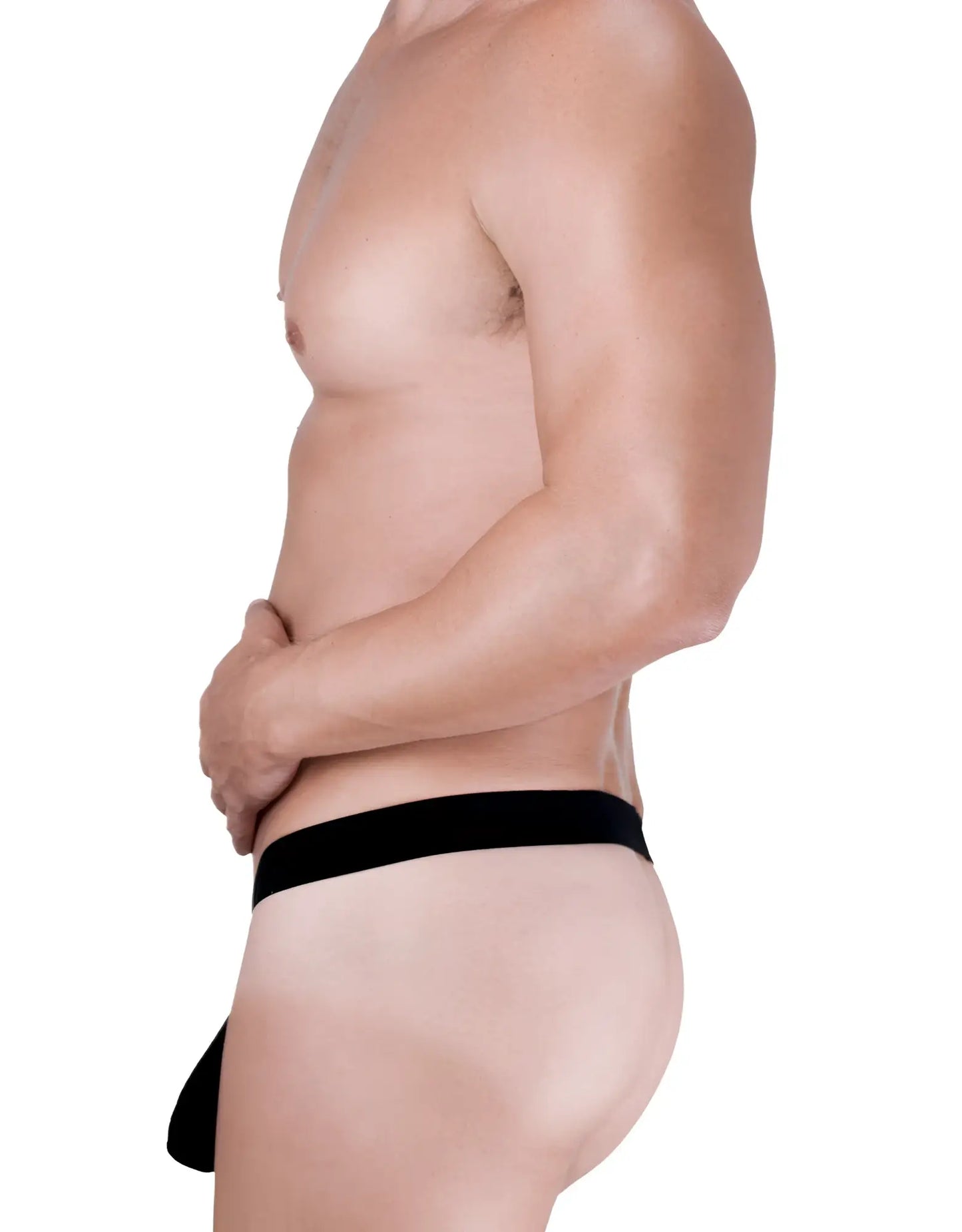 Wildmant raw strapless mesh jock with blue contrast trim black sleek minimalist thong with smooth elastic waistband