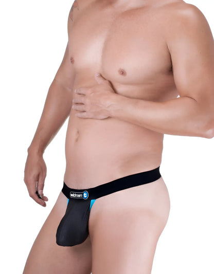 Wildman brand men’s black and teal briefs with supportive contoured design and raw strapless mesh jock with blue trim