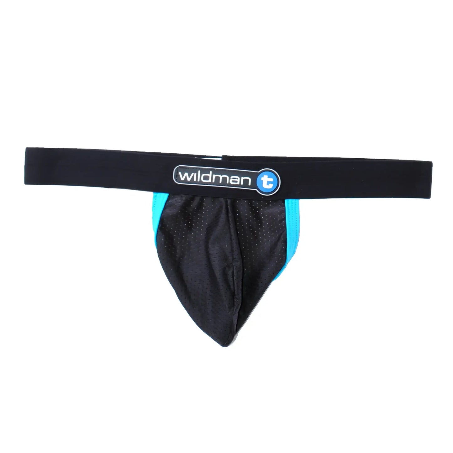 Black and turquoise mesh athletic brief with branded waistband and blue contrast trim from WildmanT