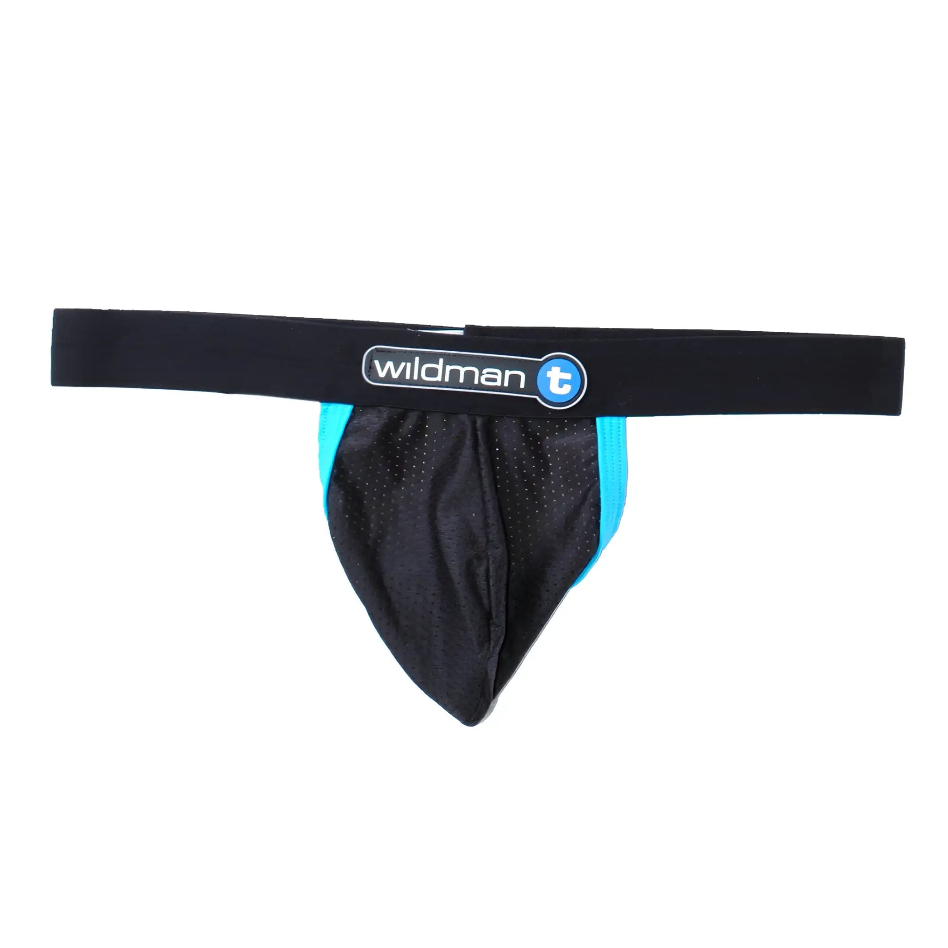 Black and turquoise mesh athletic brief with branded waistband and blue contrast trim from WildmanT