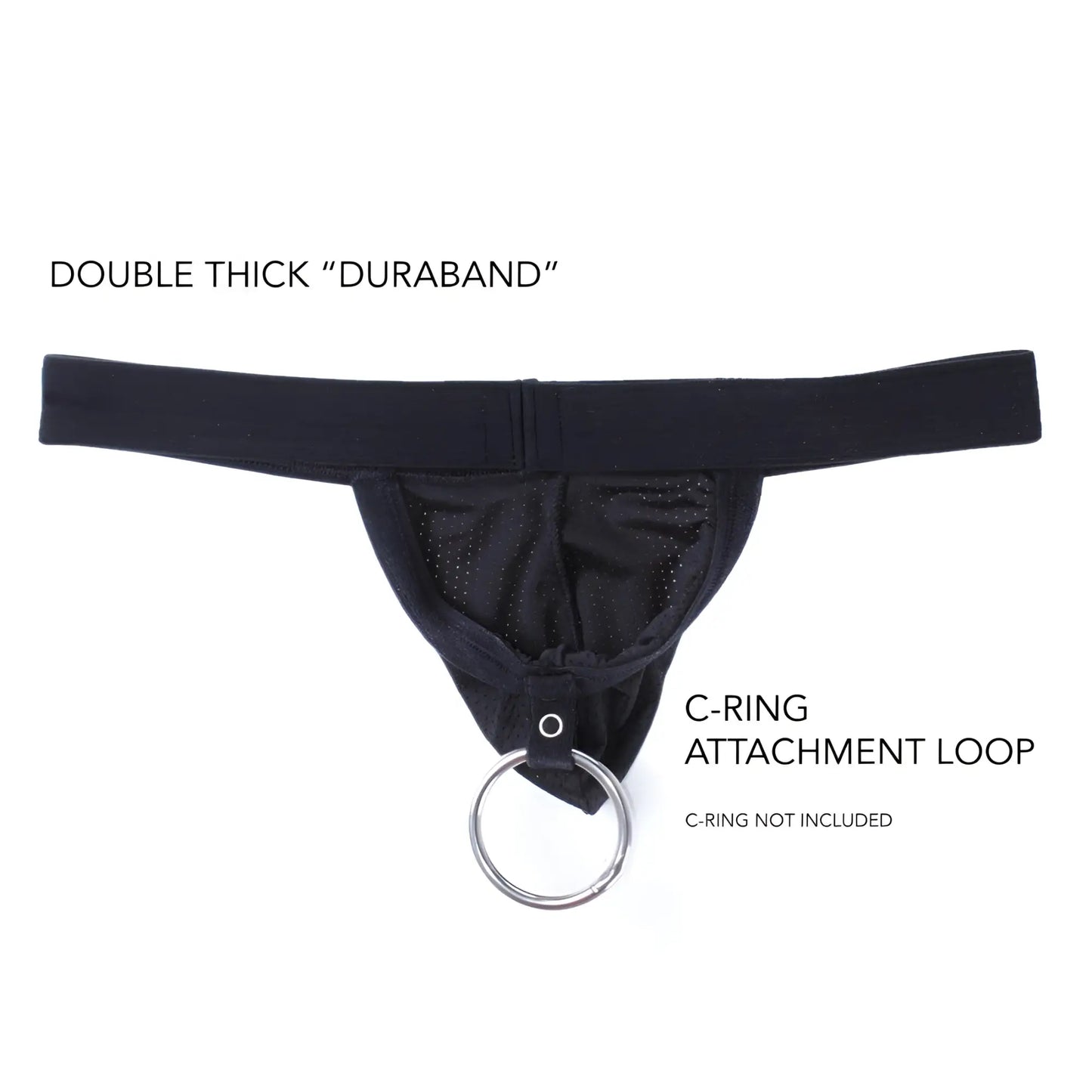 Black double-thick duraband thong with mesh panel and silver c-ring loop from WildmanT Raw Strapless Mesh Jock