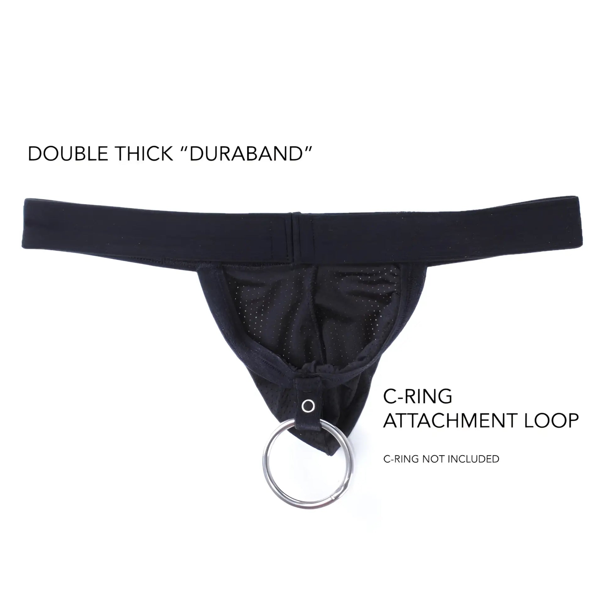 Black double-thick duraband thong with mesh panel and silver c-ring loop from WildmanT Raw Strapless Mesh Jock