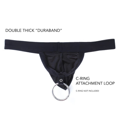 Black double-thick duraband thong with mesh panel and silver c-ring loop from WildmanT Raw Strapless Mesh Jock