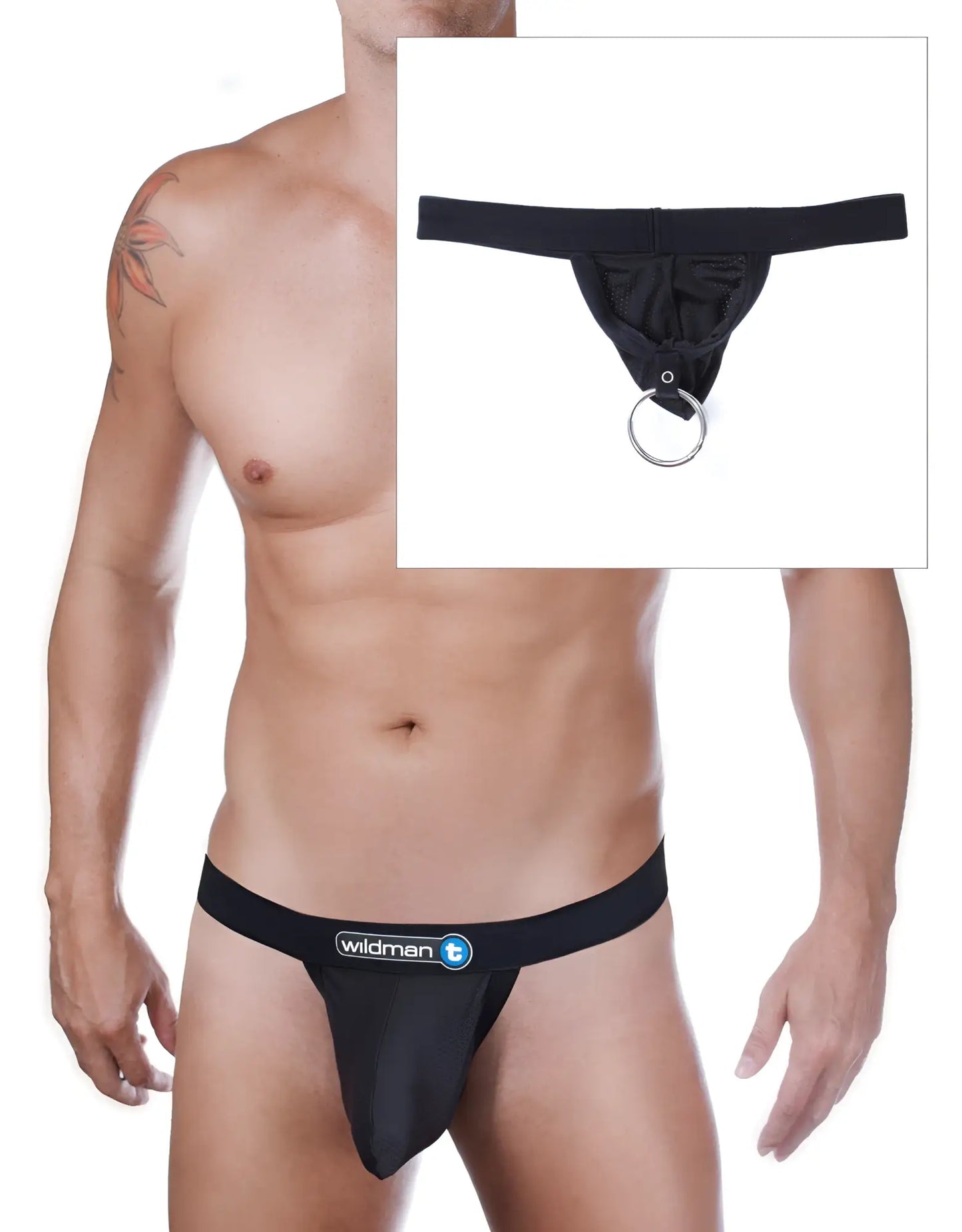Black wildman raw strapless mesh jock thong with c-ring loop and duraband in black showing front view