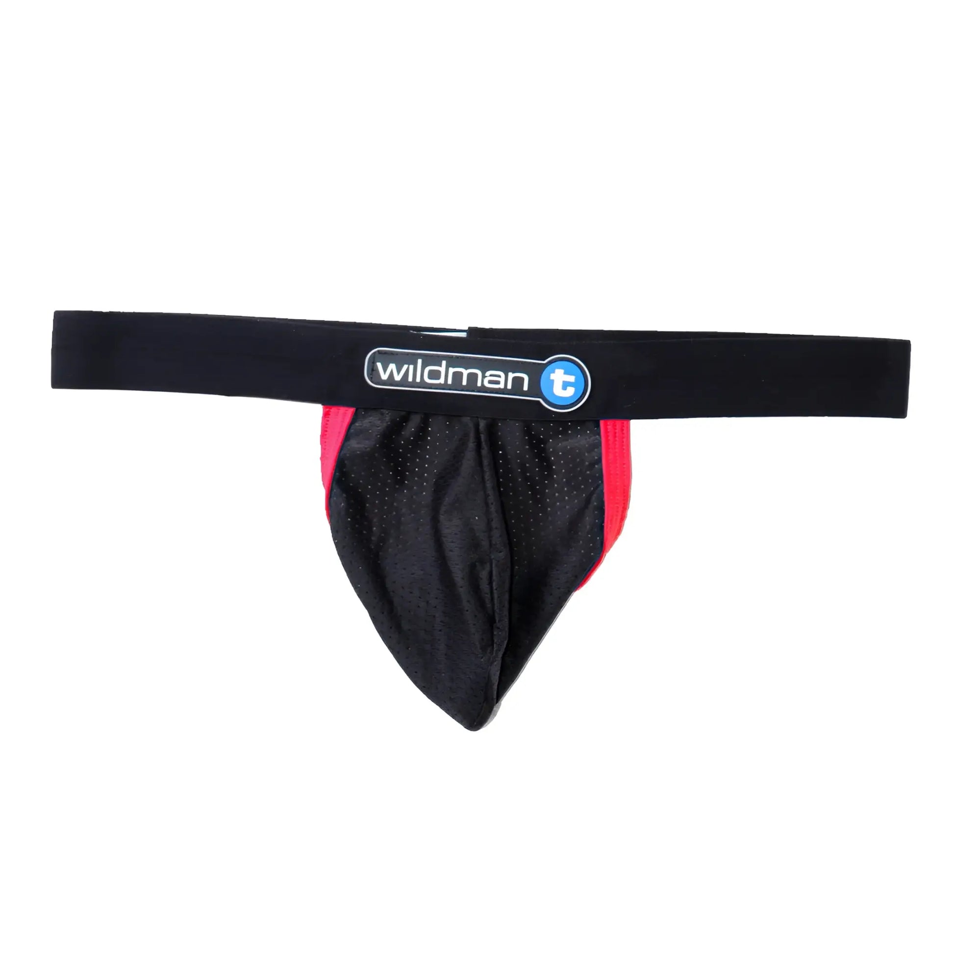 Black and red mesh athletic brief with black elastic waistband featuring wildman t logo raw strapless design