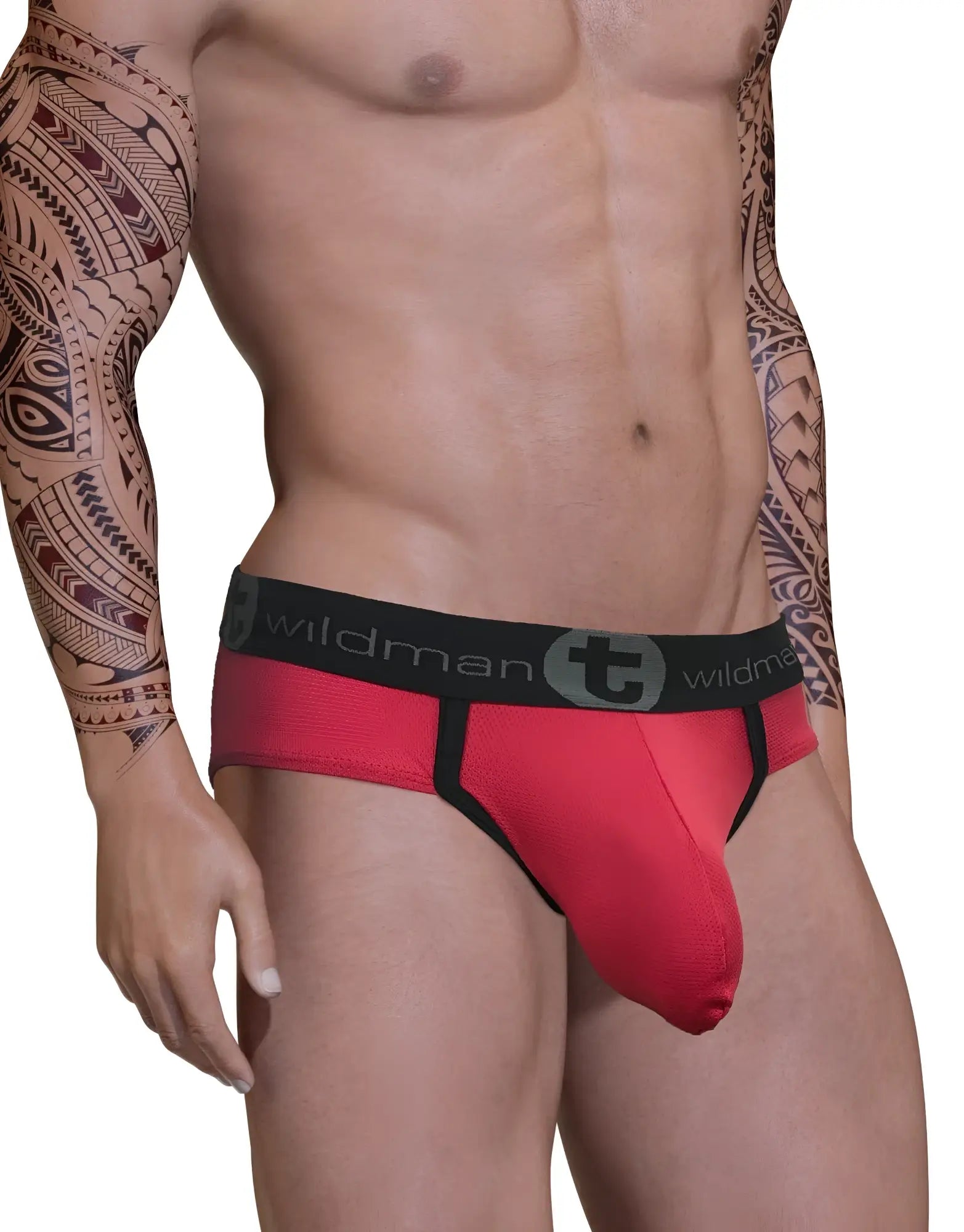 WildmanT red and black men’s briefs with textured fabric waistband featuring the brand logo and big boy pouch design