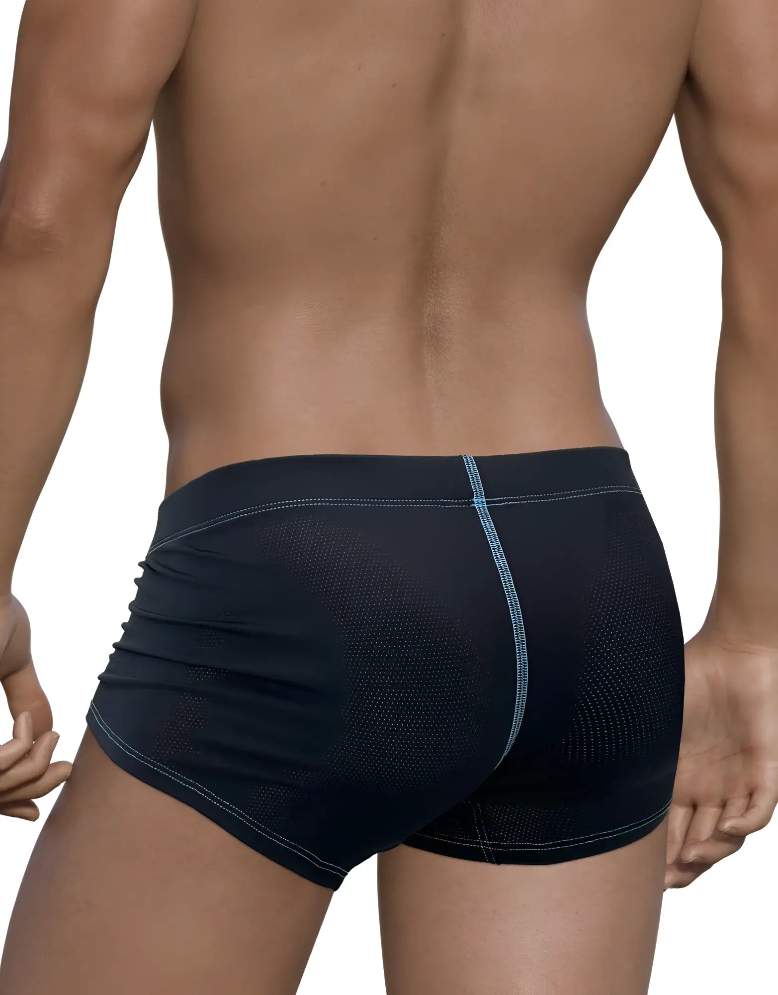 Back view of blue perforated boxer briefs featuring contrasting light blue stitching, worn by a man.