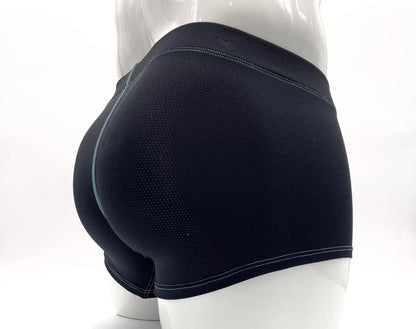 Black mesh boxer briefs with blue contrast stitching on a mannequin, shown from a rear perspective.