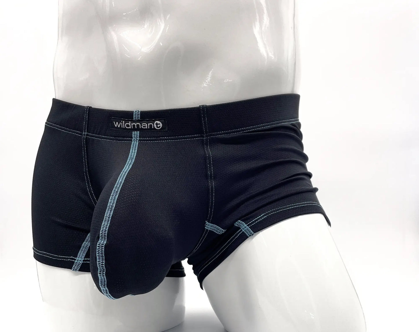 Black WildmanT boxer briefs with a large contoured pouch, featuring blue contrast stitching on a mannequin.