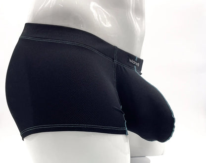 Black mesh boxer briefs with a prominent front pouch, blue accent stitching, and a "wildman" logo label on a mannequin.