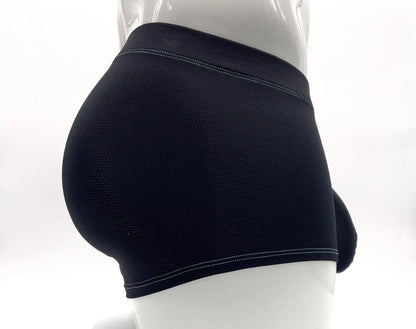 Black Stitch Big Boy pouch boxer briefs on a mannequin, featuring perforated fabric and light blue contrast stitching.